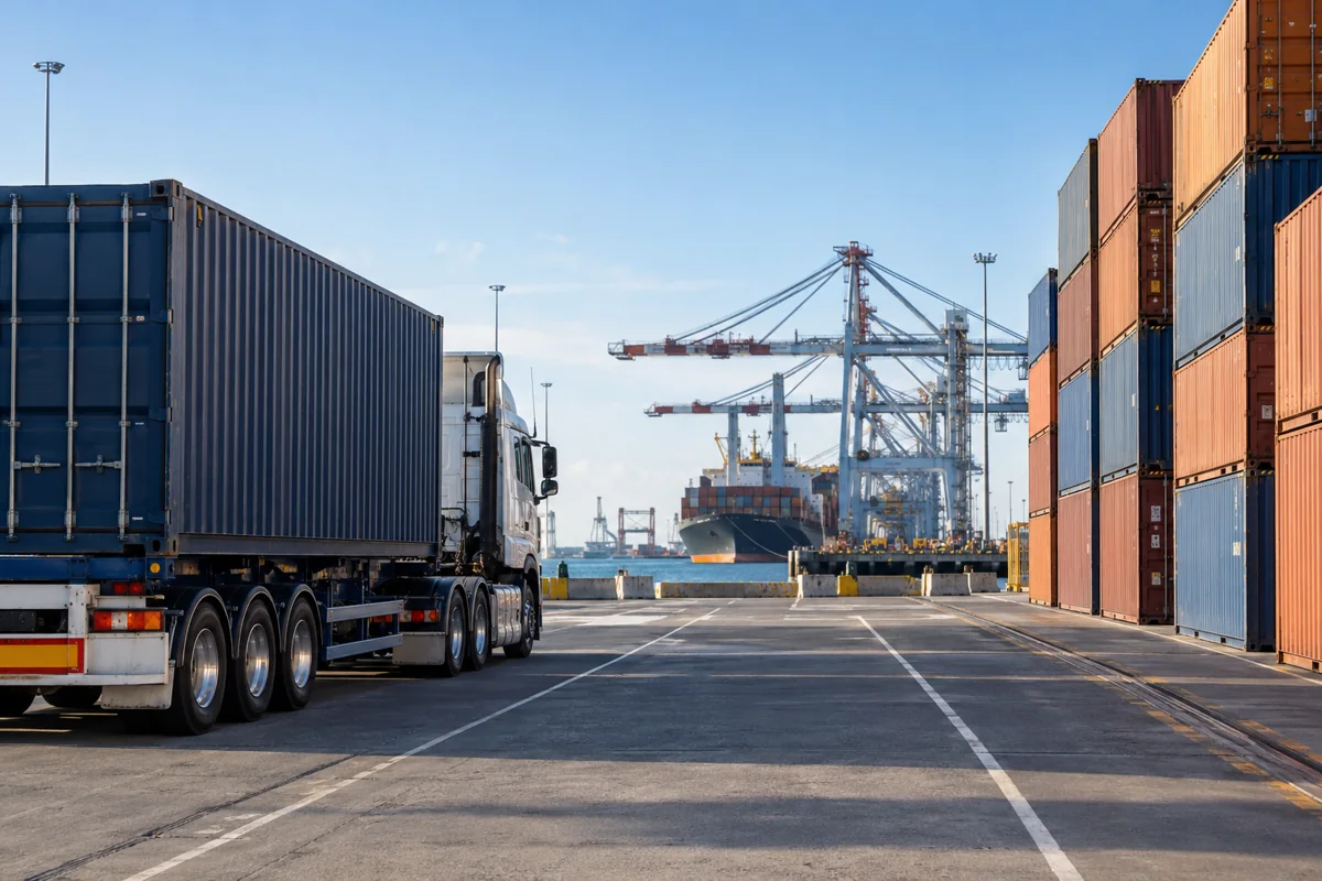 Truck carrying a shipping container past stacked containers and port cranes